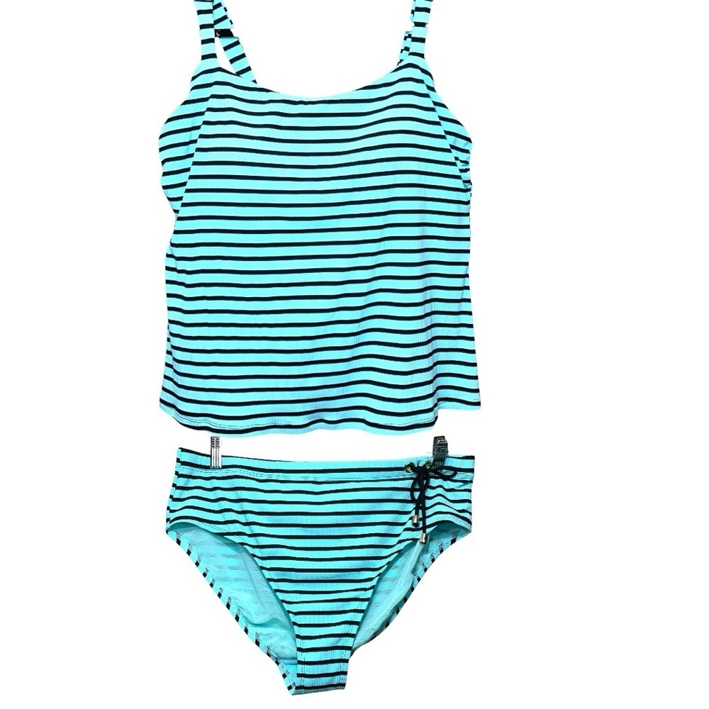 A MTL 1980 Aqua Striped Bikini Set Sz 2XL Tank And Bottom Ribbed Built in Bra